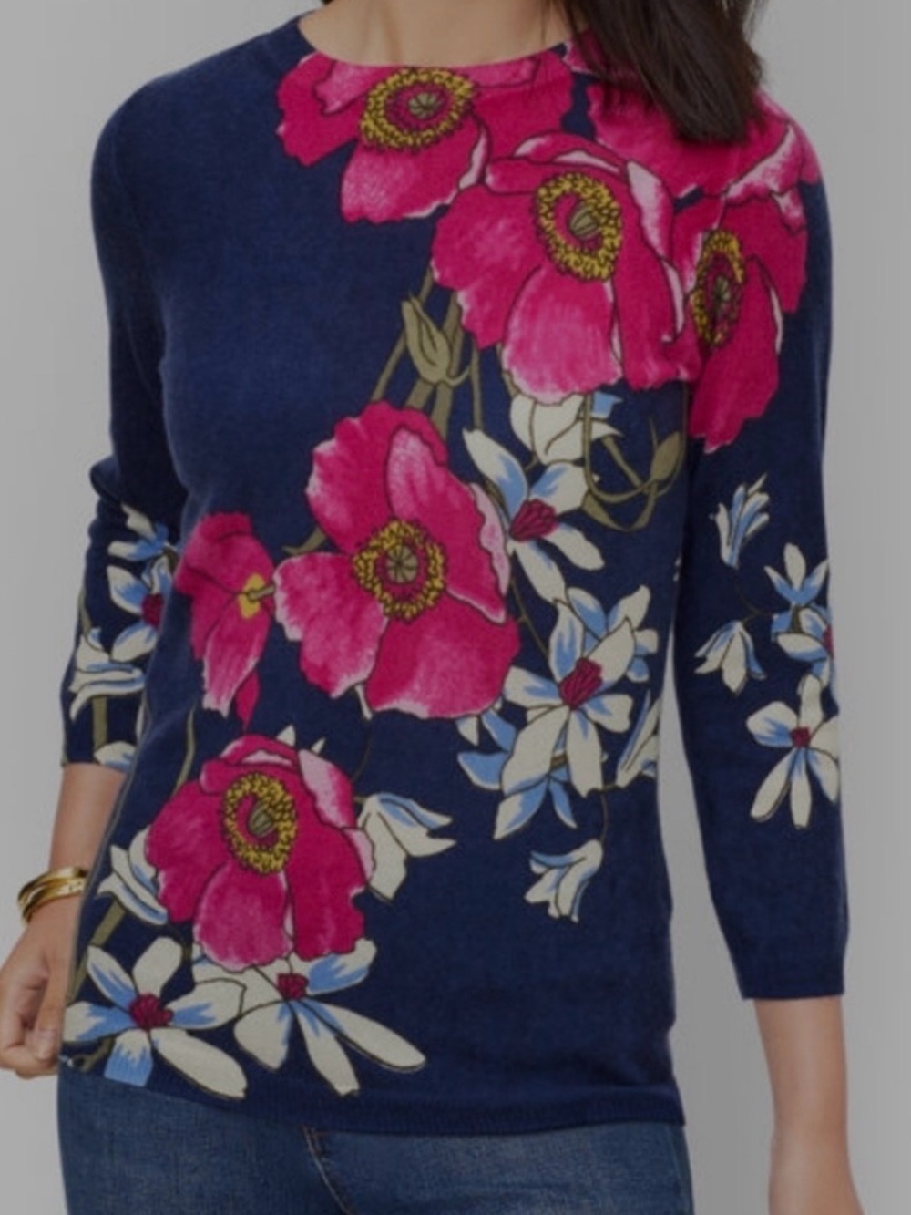 Talbots Audrey 100% Cashmere Elegant Floral Poppy Sweater Navy Pink Medium